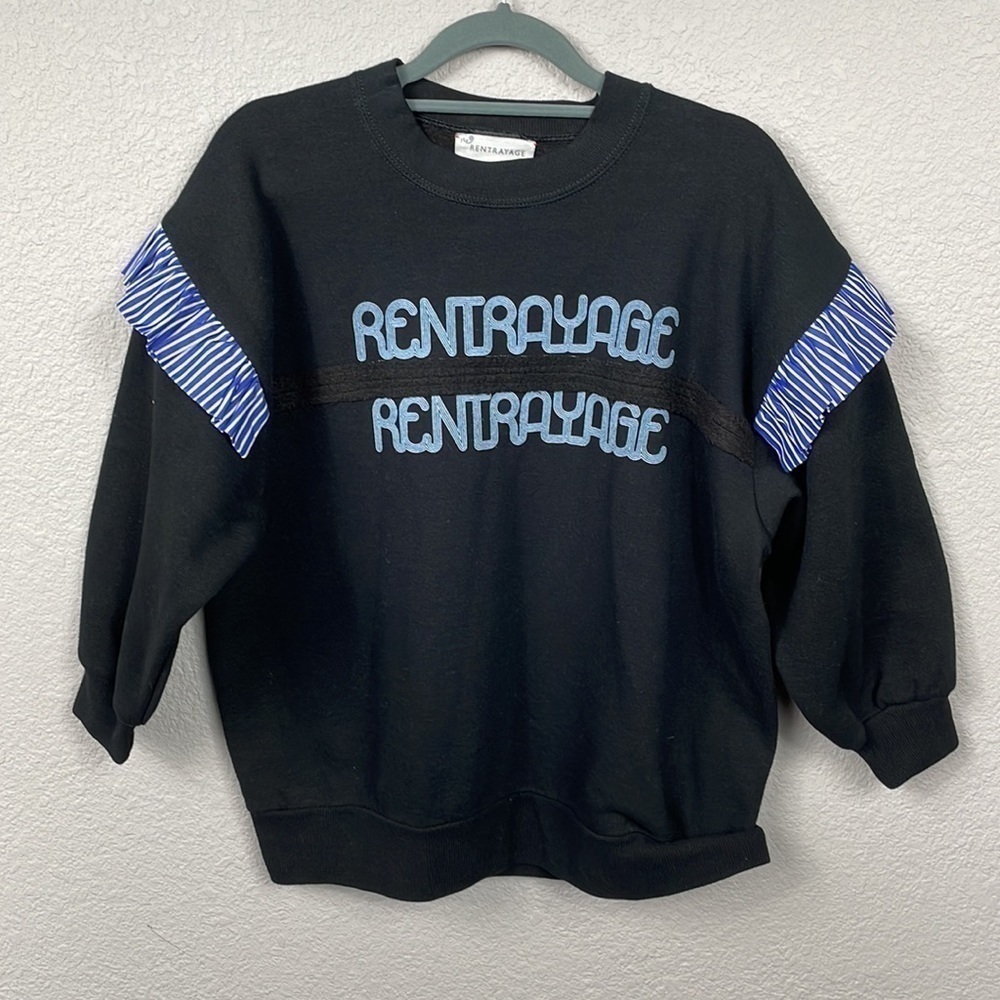 New Rentrayage Logo Graphic Ruffle Sweatshirt In Blue And Black 3/4 Sleeve Sz M — image 5 of 8